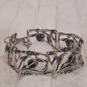 Sterling Silver Calla Lily Panel Bracelet |Wide Floral Art Nouveau 33.4g